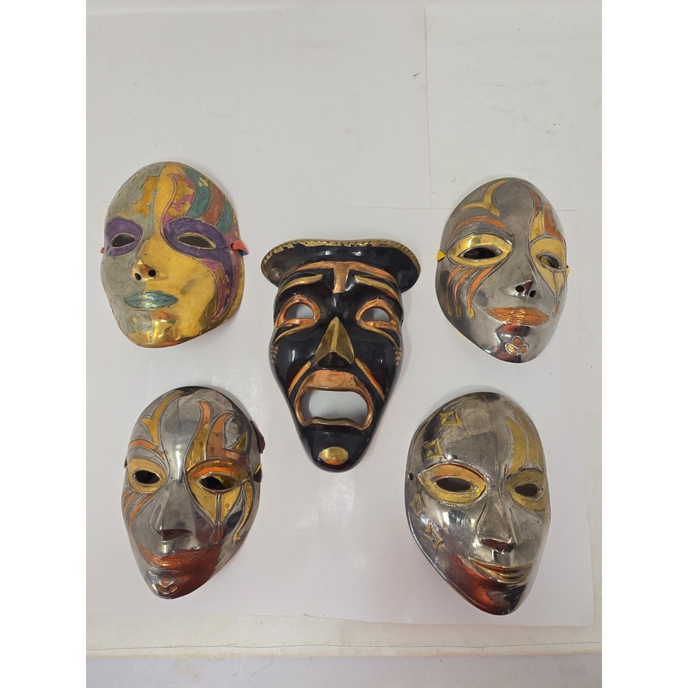 Comedy/Tragedy Bejeweled Theatre Masks, Made Of Brass‎ In India. Lot of 5 U141
